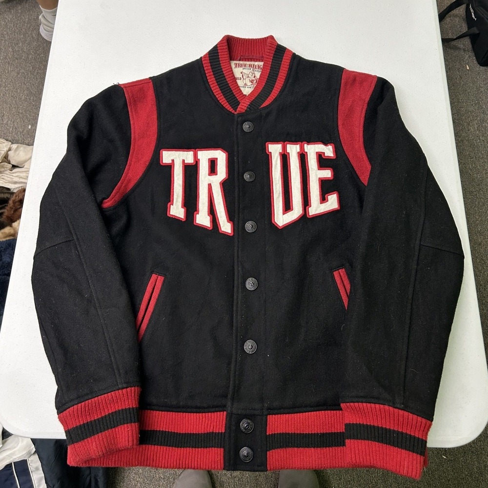 True Religion Varsity Jacket Mens Medium Black Red Wool Blend Letterman 02 G2